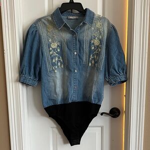 Blue Denim Embroidered Button-Down Bodysuit
